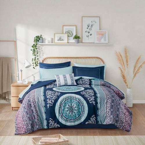 Queen Boho Comforter Set with Bed Sheets - Navy