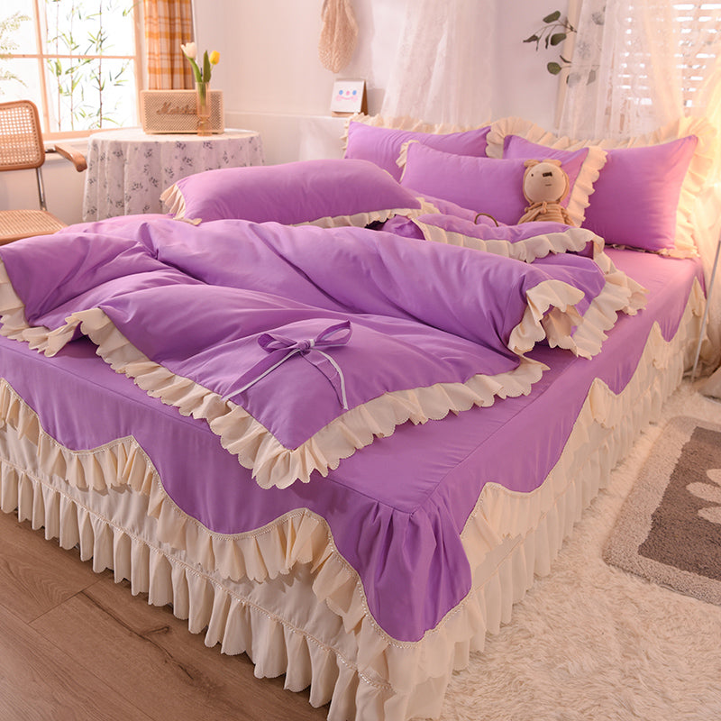 Luxury Four-Piece Lotus Leaf Lace Bed Sheet Duvet Cover Set with Bed Skirt