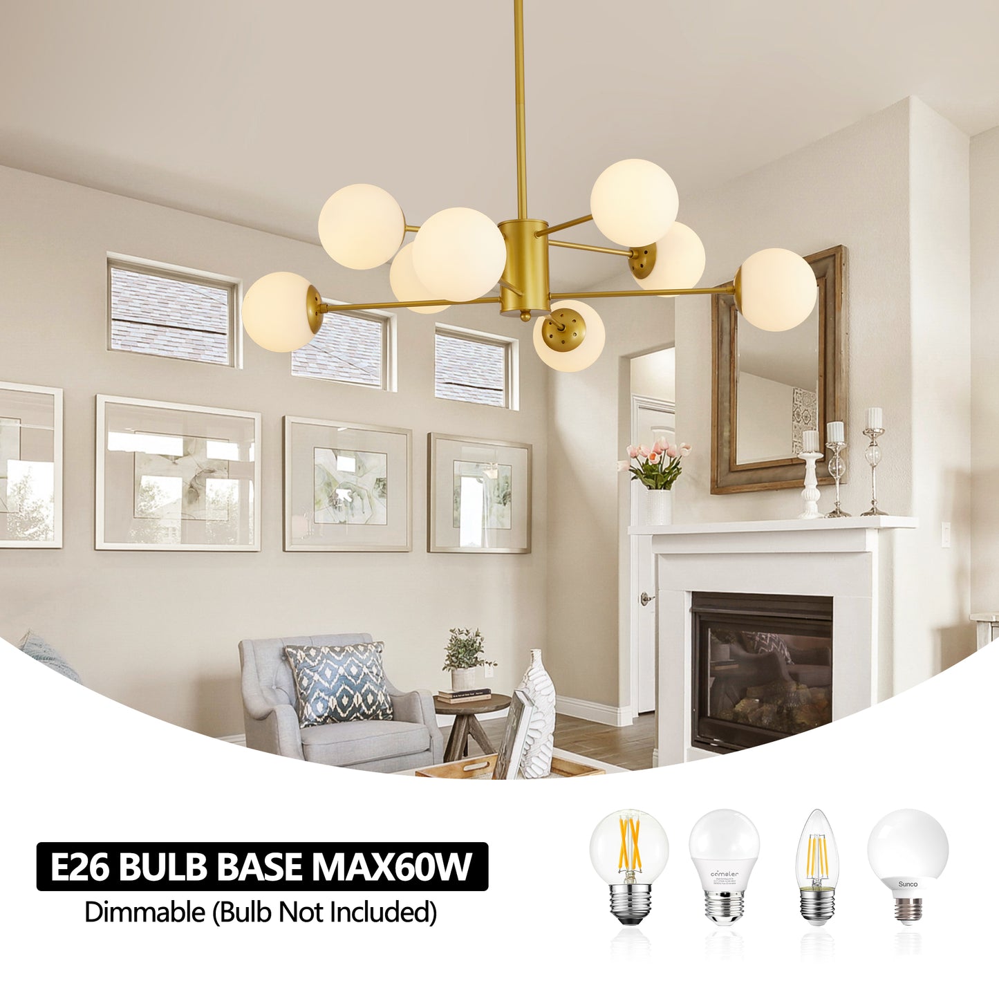 8-Light Gold Chandelier with White Glass Globe Shades - Modern Design