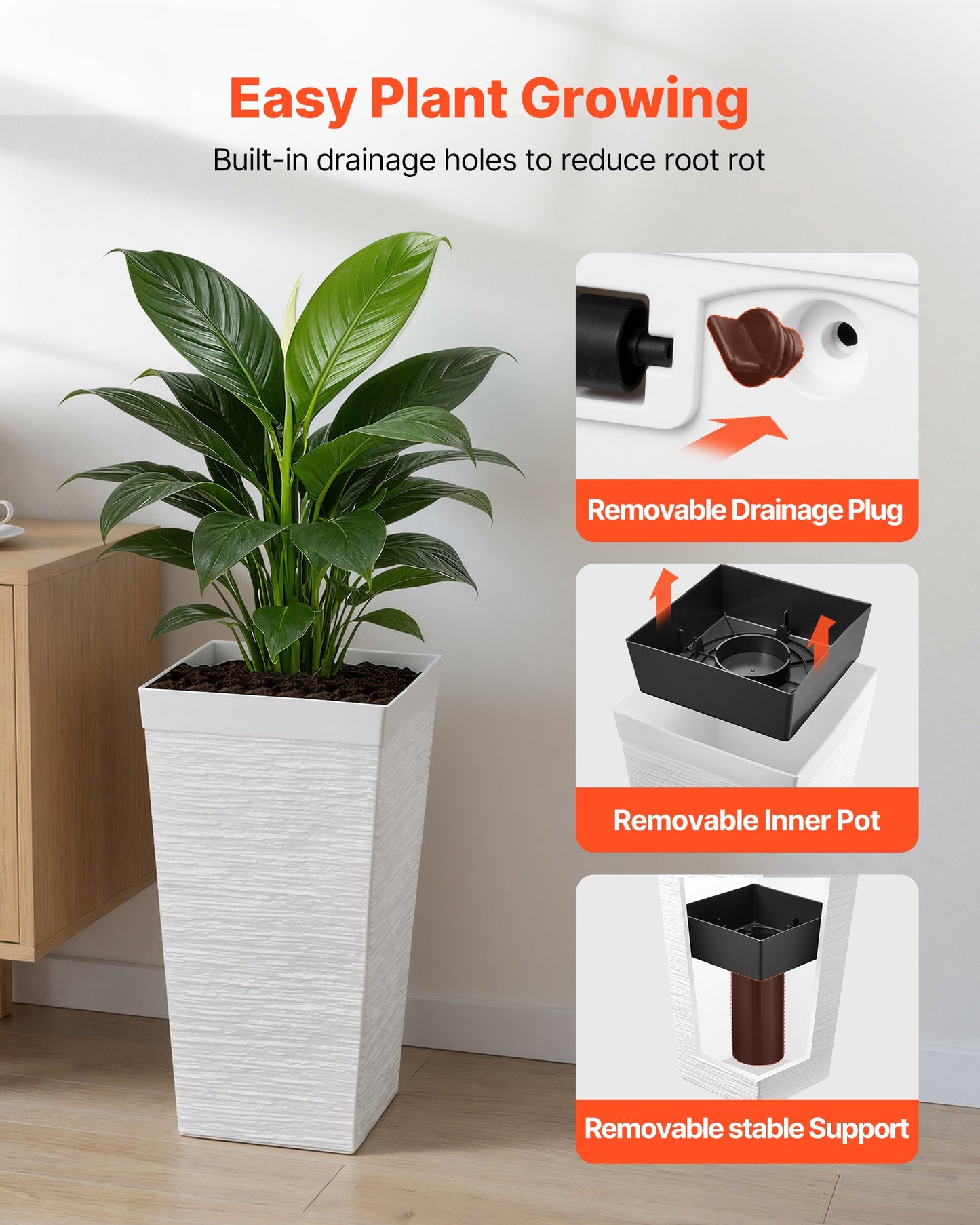 Tall Outdoor Planters Set of 2, 23 Inch Modern Taper Flower Pots with Casters, Drainage Holes, White or Black