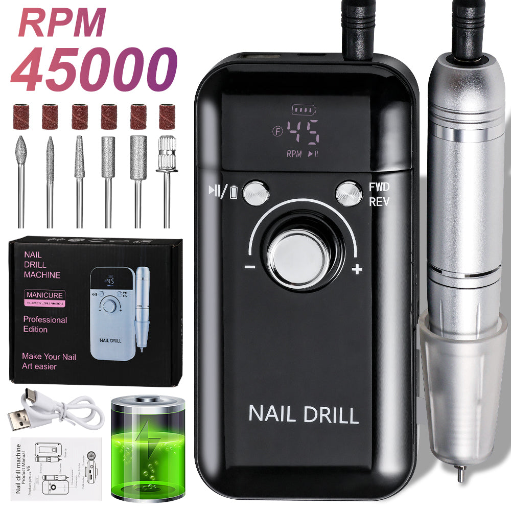 Professional Electric Nail Drill, 45000RPM Rechargeable Portable Nail File Kit