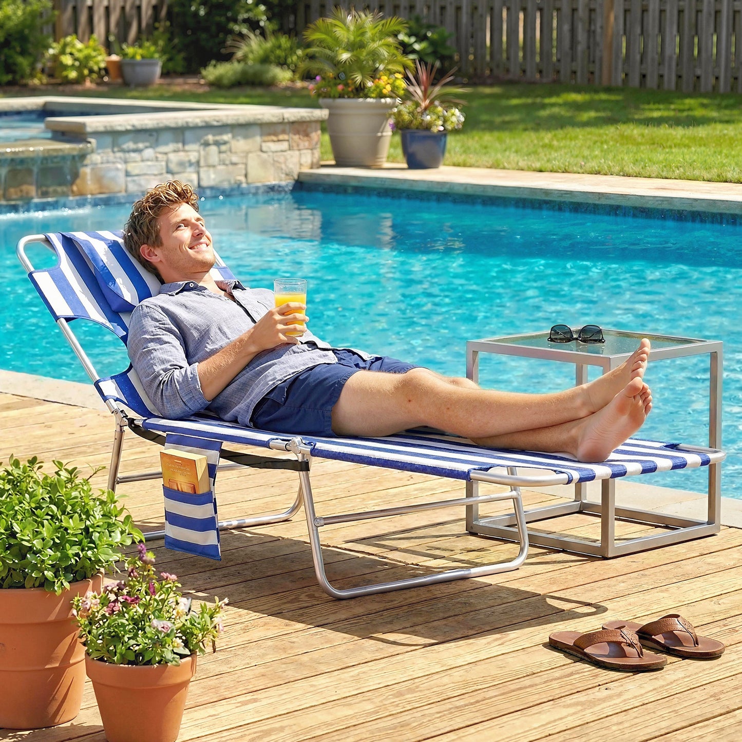 Adjustable Tanning Chair with Face Hole - Blue Stripes