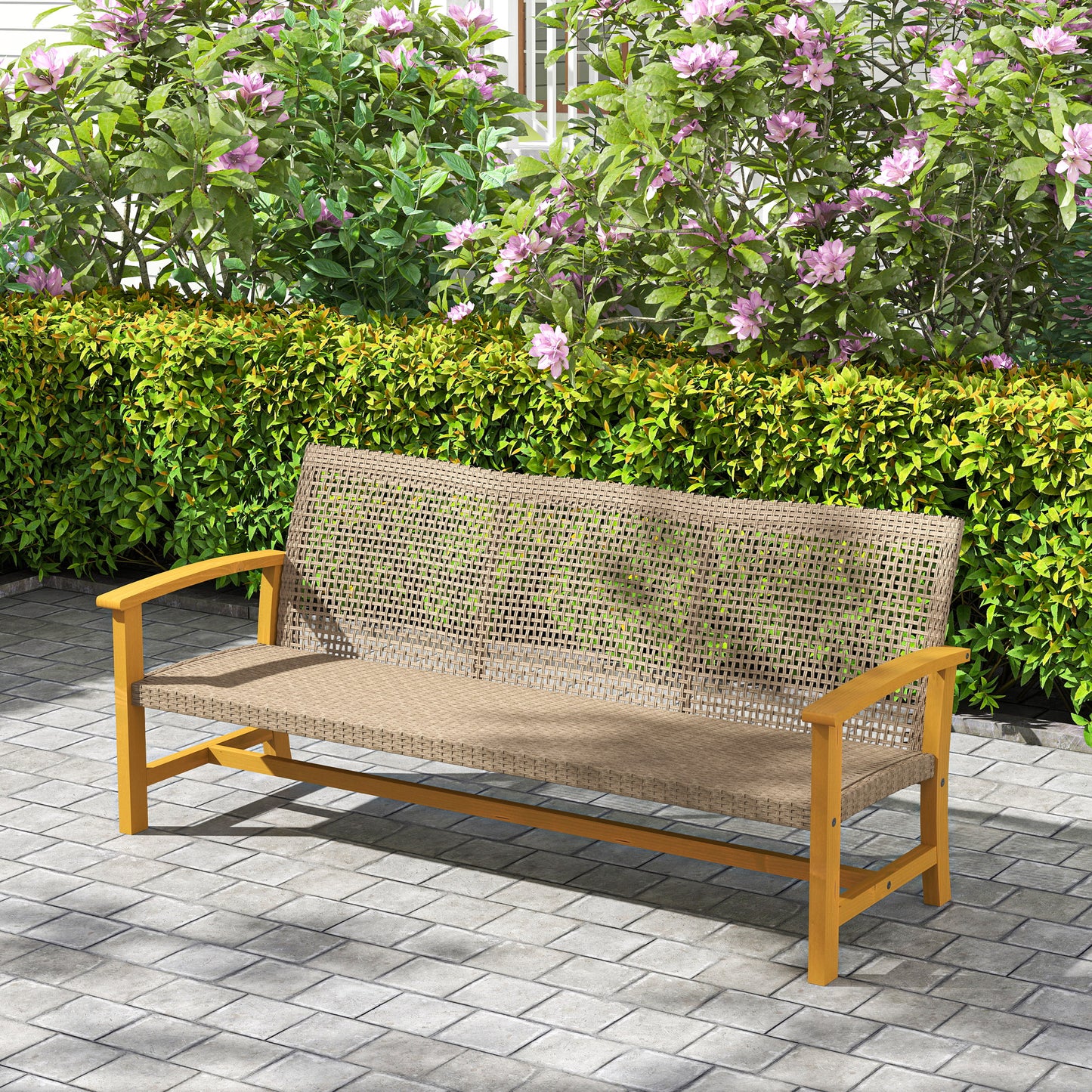 3-Seat Outdoor Wicker Sofa - Acacia Wood & Steel Frame, Teak