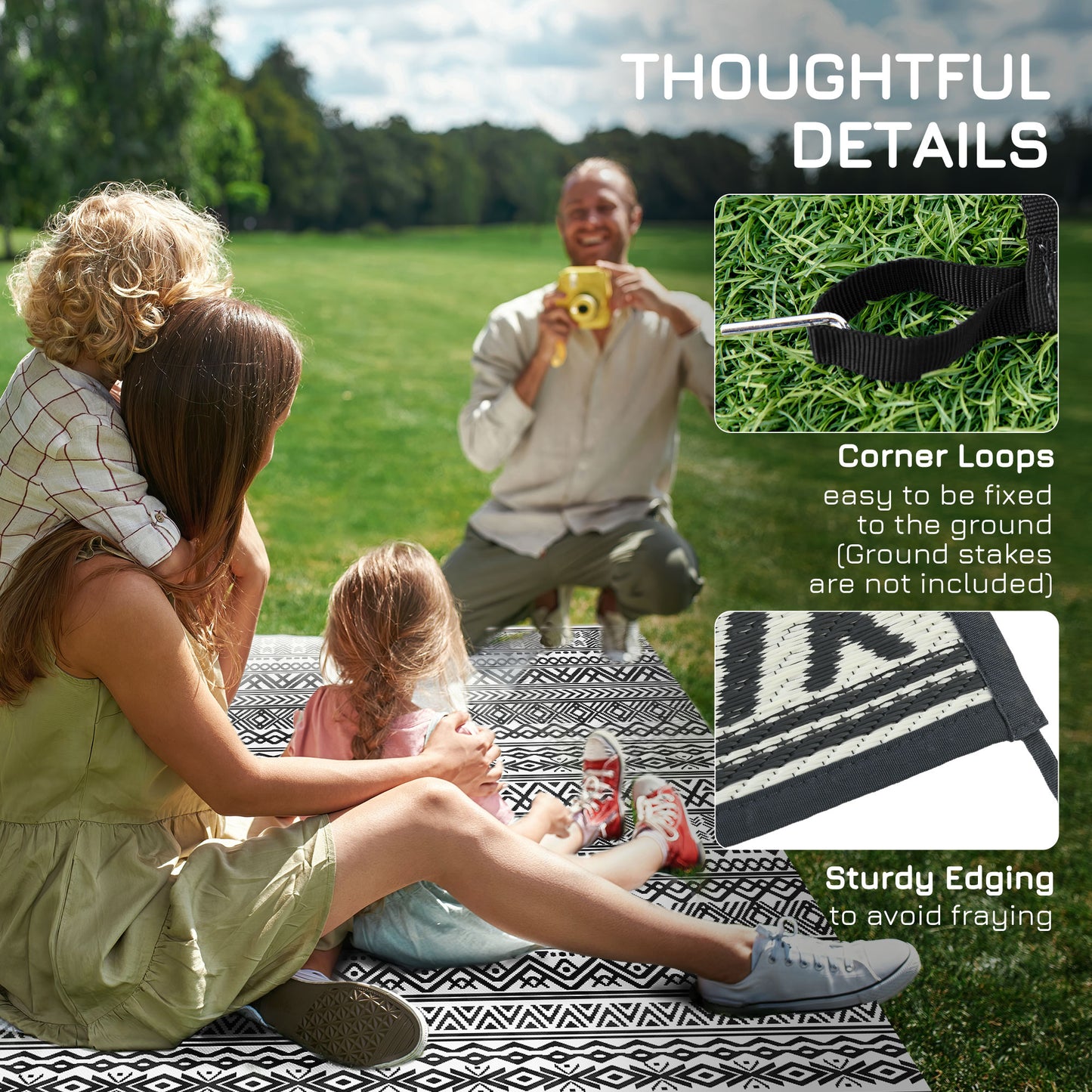 Reversible Outdoor Rug for Camping & RV - Gray & Cream Boho 8x10