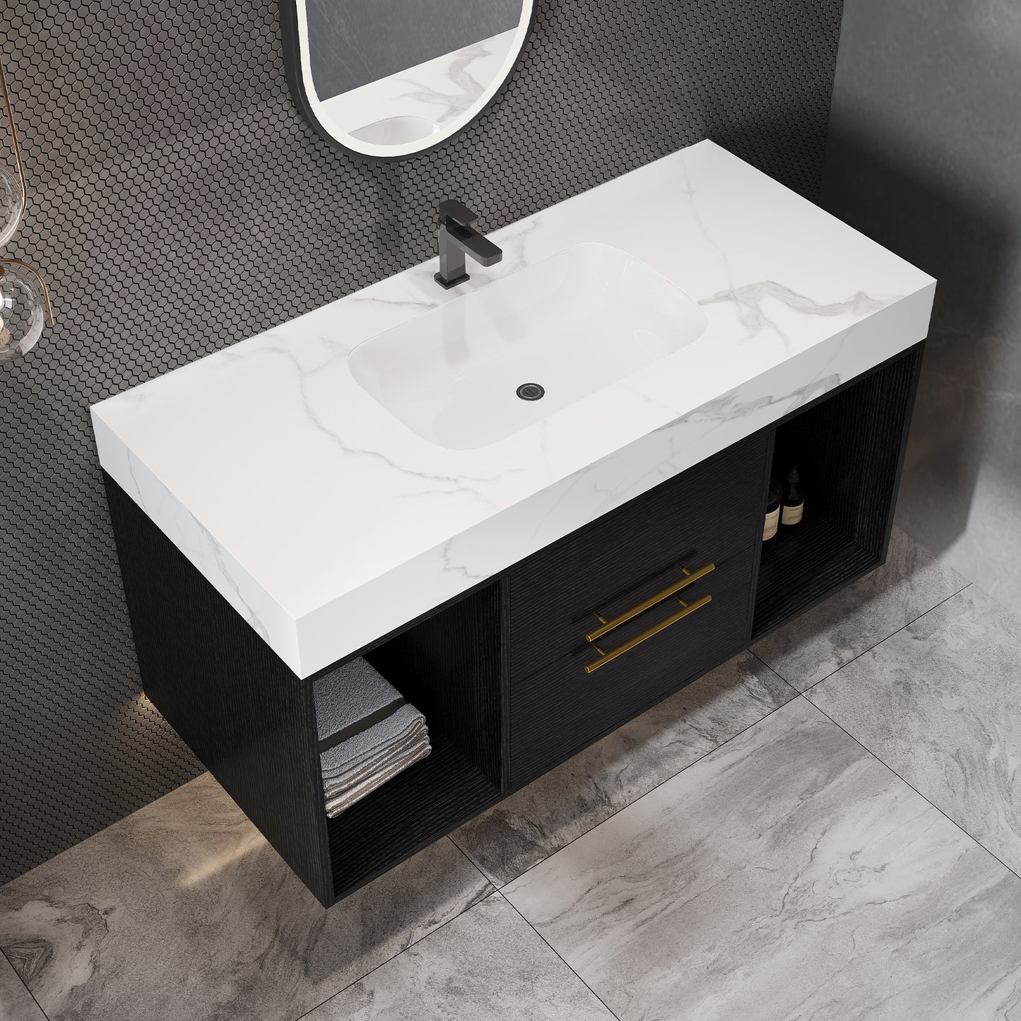 39.4" Modern Floating Bathroom Vanity with Ceramic Sink - White & Black