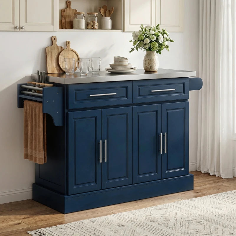 Rolling Kitchen Island with Stainless Steel Top - Navy Blue