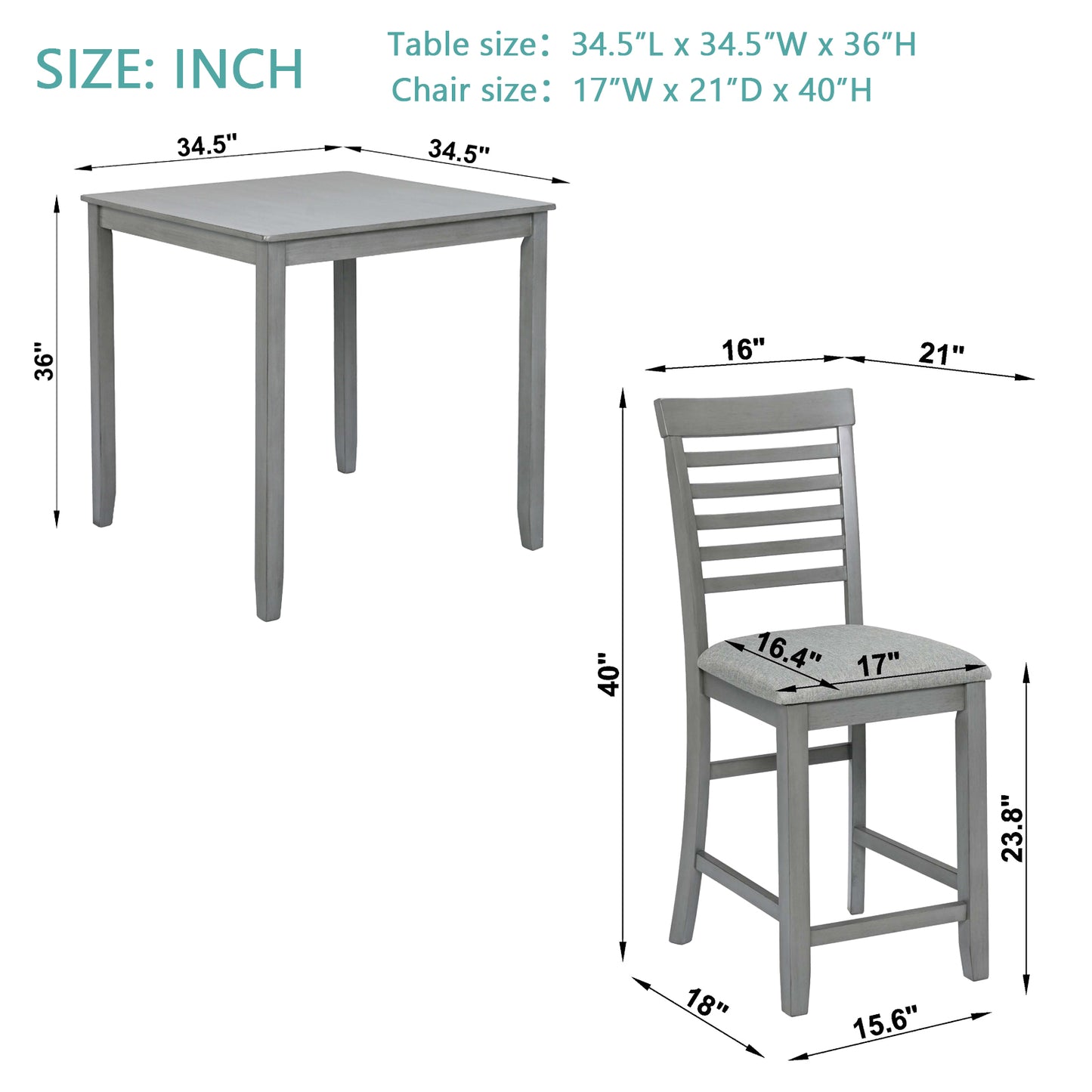 5-Piece Counter Height Dining Table Set with 4 Chairs - Gray