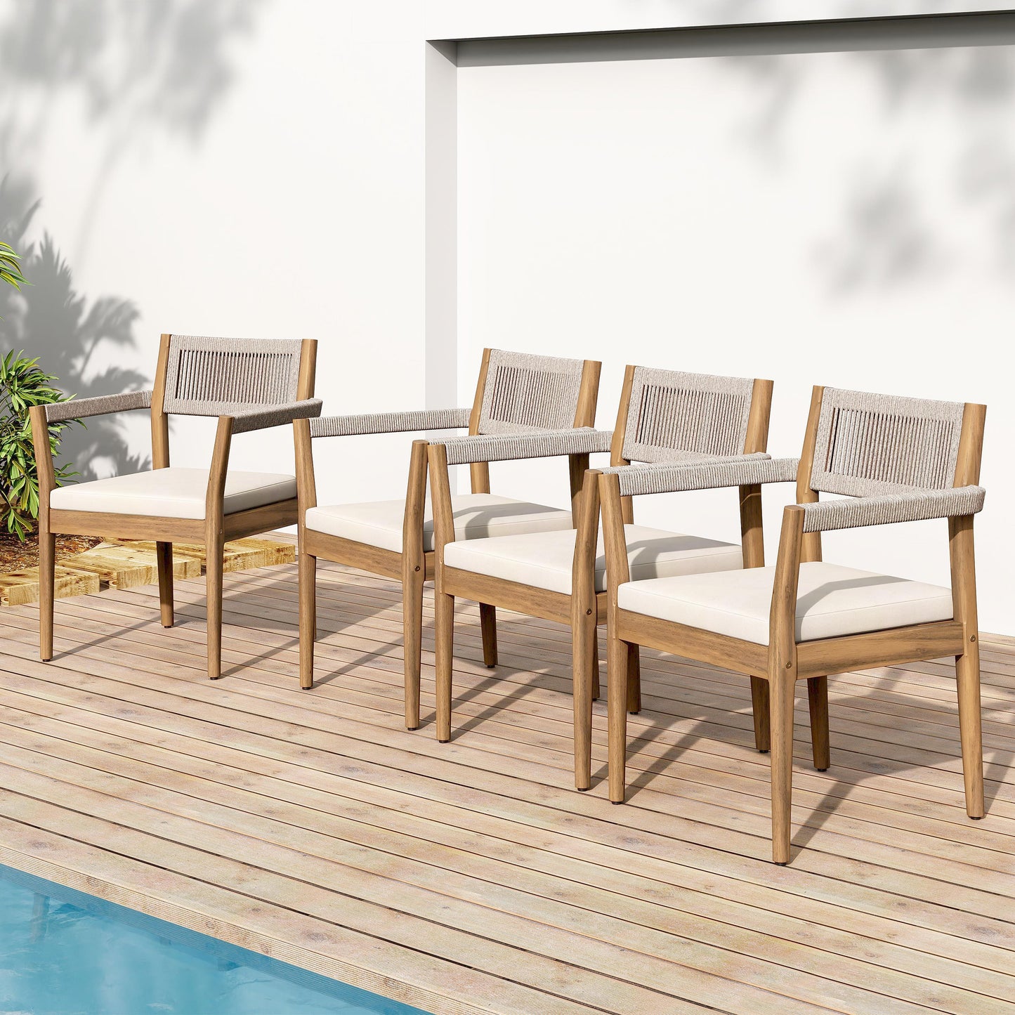 Braided Acacia Wood Outdoor Dining Chairs Set Of 6 -Teak Look With