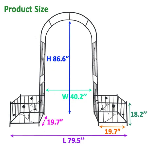 Metal Garden Arch with Plant Stands - 79.5" Wide x 86.6" High - Black
