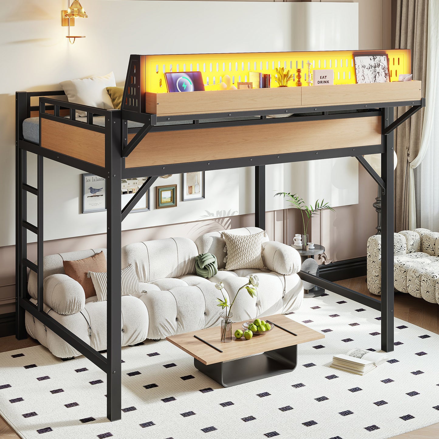 Full Size Metal Loft Bed with Storage, USB Ports & LED Lights - Natural