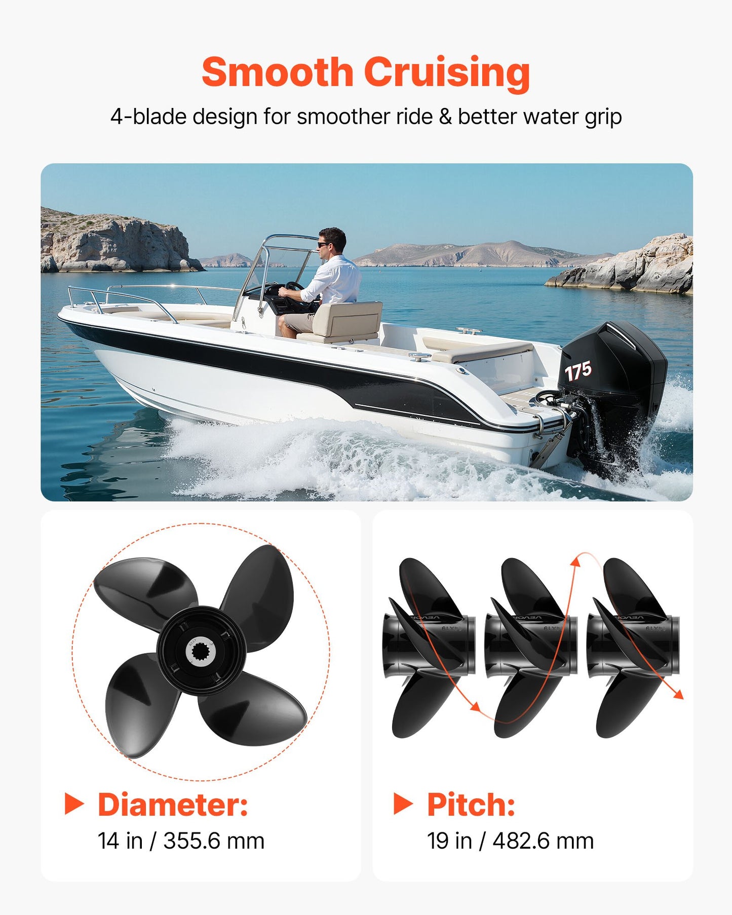 Outboard Propeller 15 Spline Aluminum RH 4-Blade Fit Mercury/Mariner Engines 135-300 HP