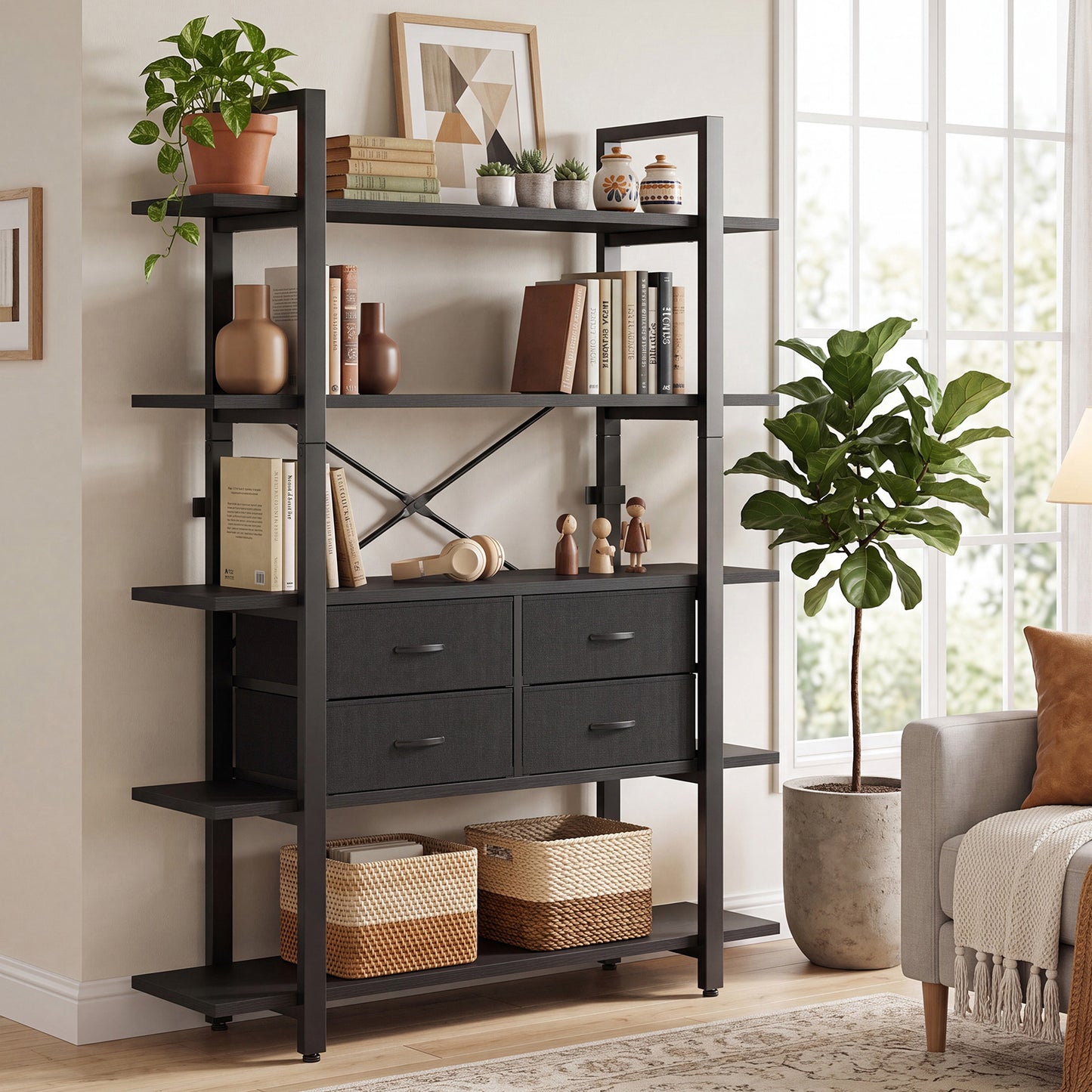 5-Tier Industrial Bookshelf with 4 Drawers - Open Display Bookcase