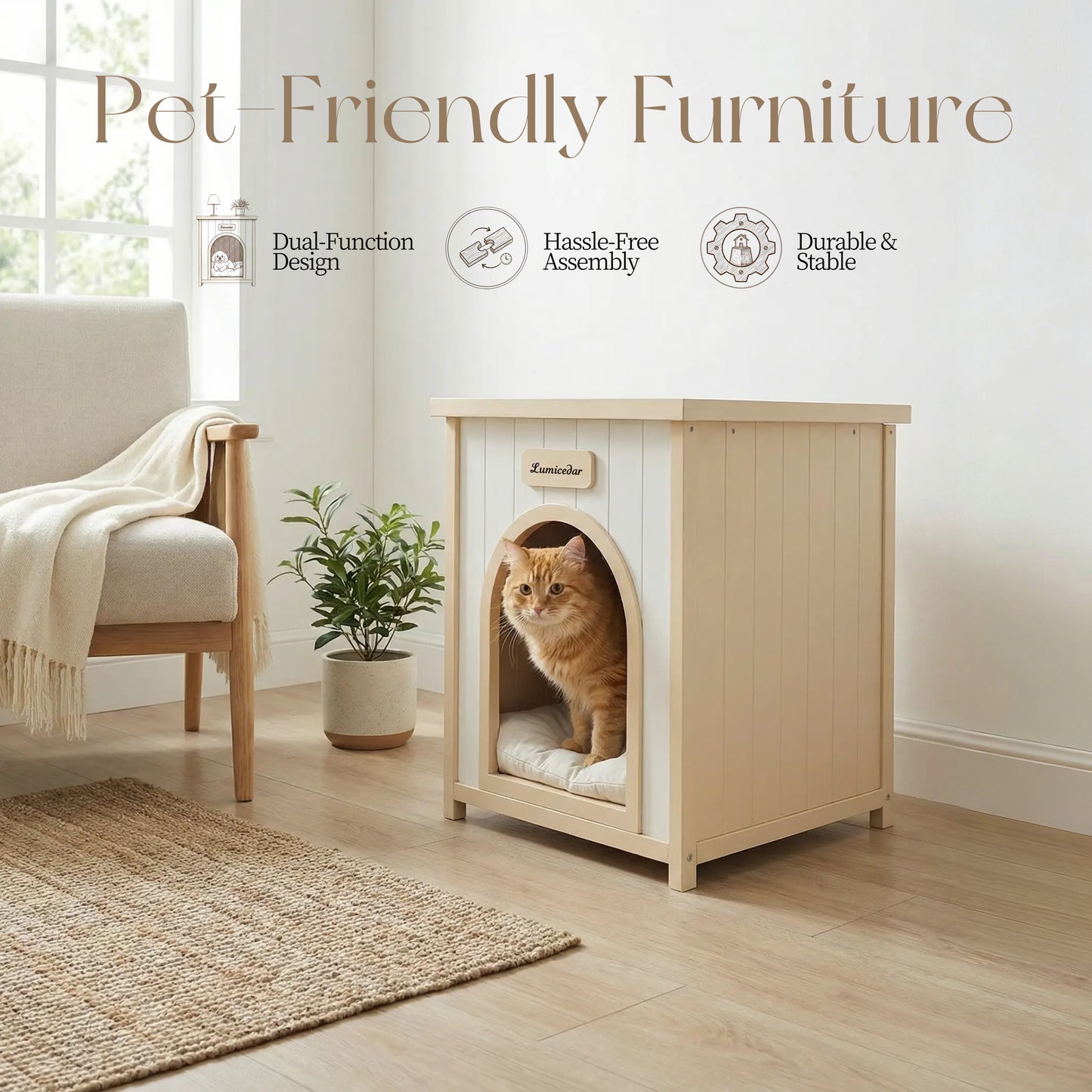Indoor Wooden Dog House with Removable Cushion - Small Pet Shelter, Scandinavian Design