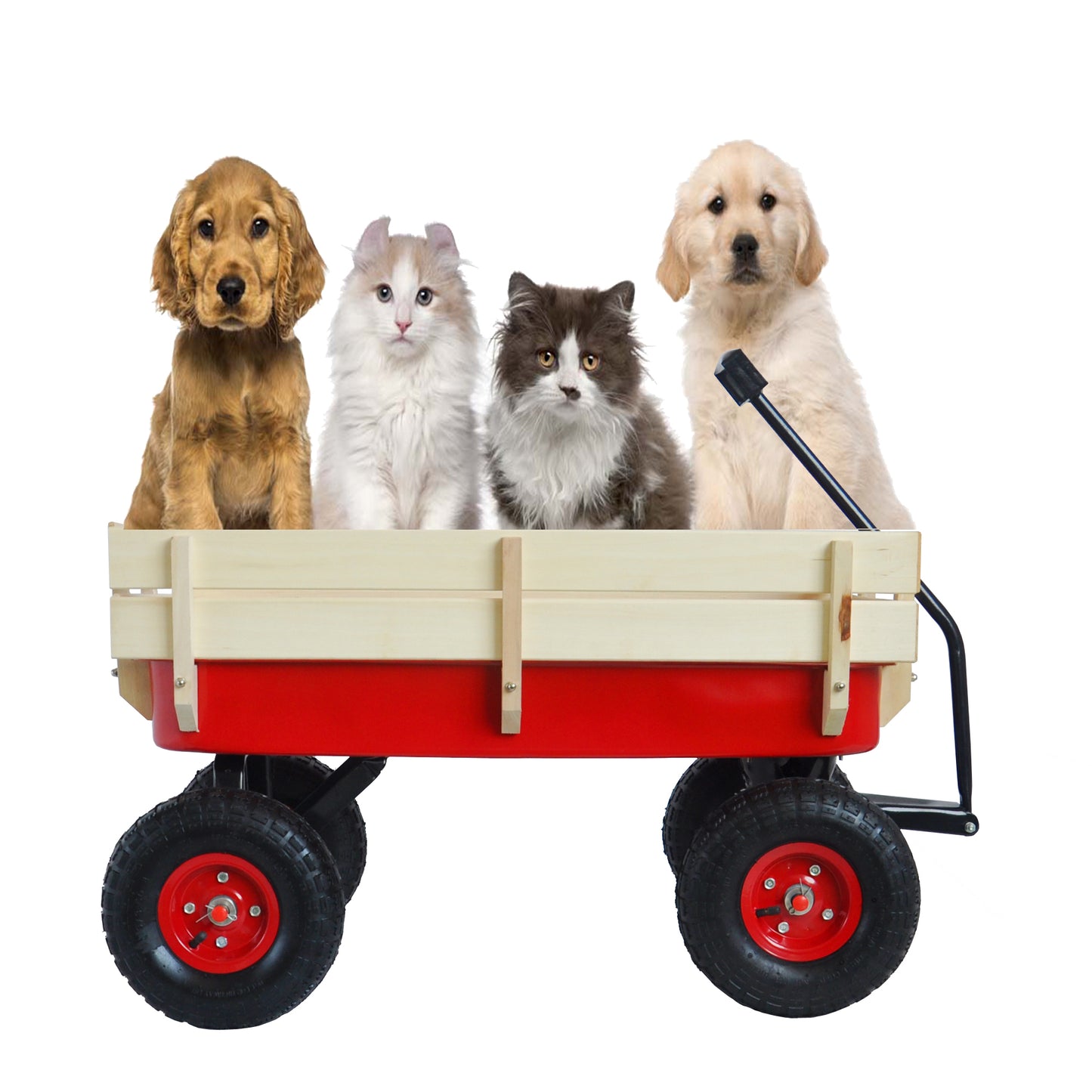 Garden Wagon with Wooden Side Panels and Pneumatic Tires - Heavy Duty Utility Cart