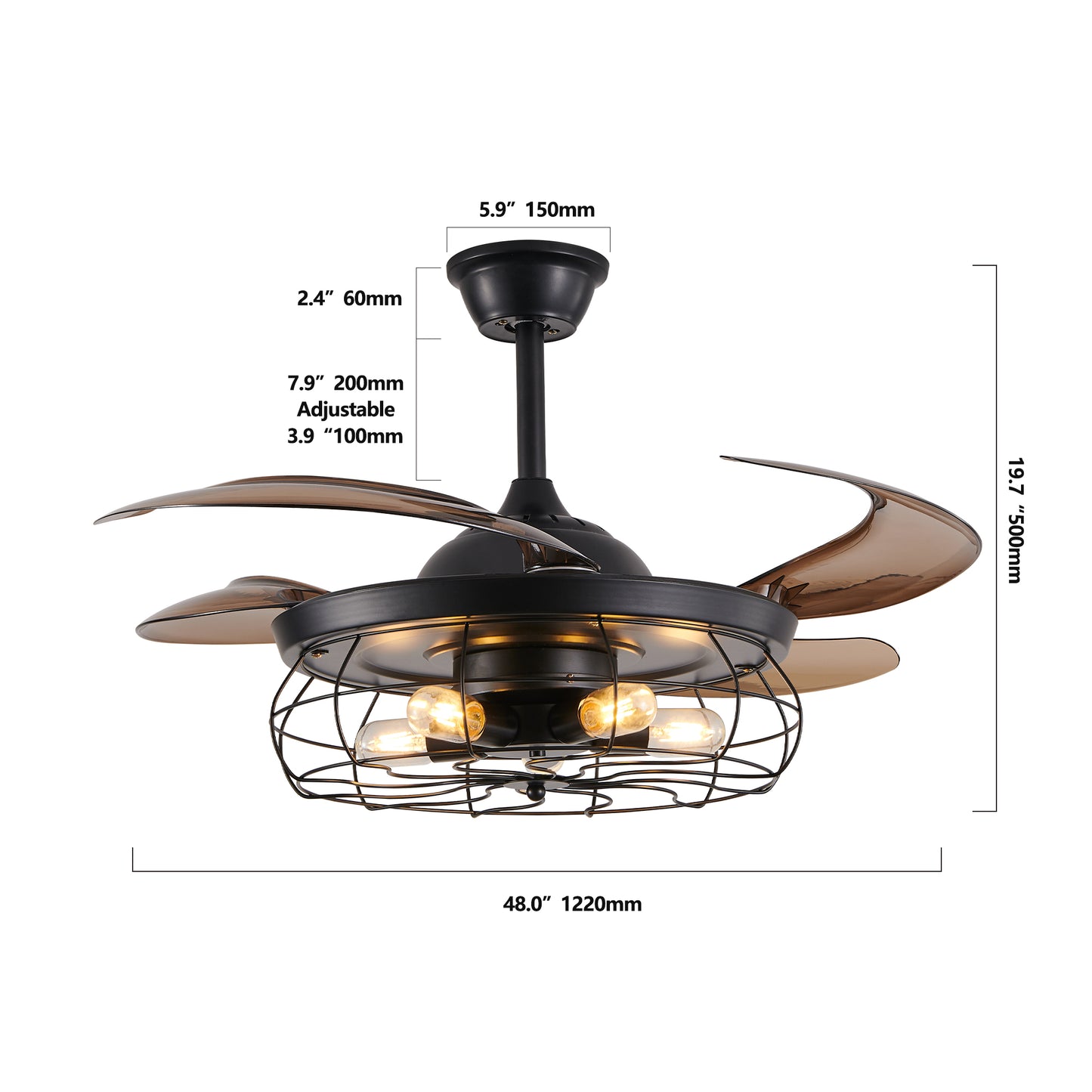 Black Remote Control Ceiling Fan - Industrial 4-Blade Design
