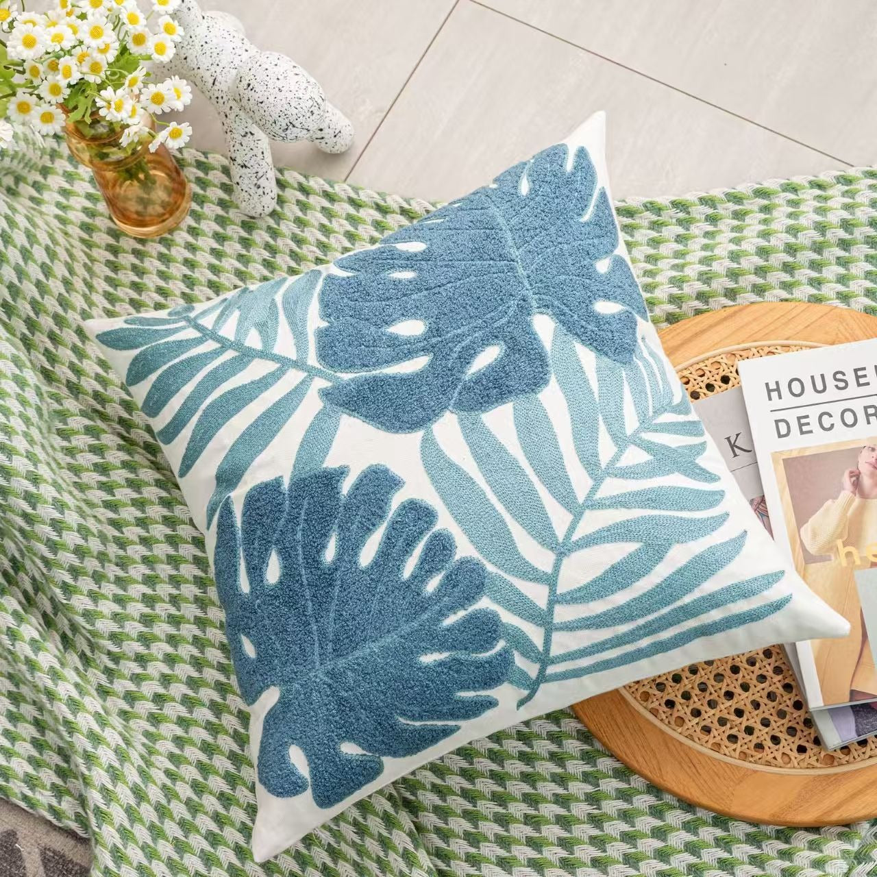 Tropical Leaf Throw Pillow - Green Boho Coastal Cushion with Embroidery