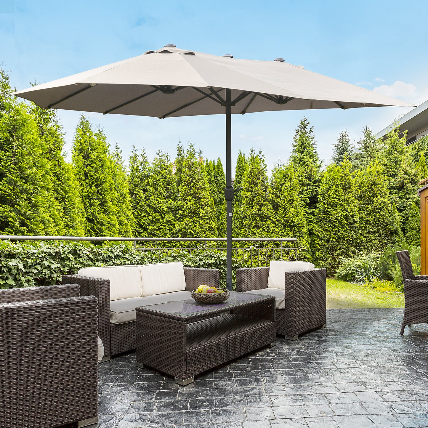 15' Double-Sided Patio Umbrella with Base - Coffee