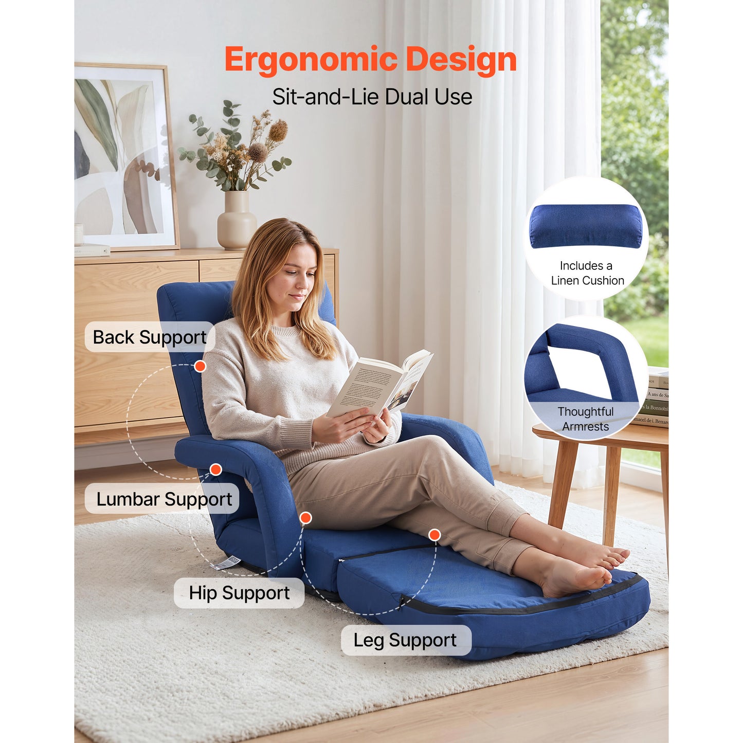Folding Floor Chair with Adjustable Positions, Back Support, Armrests & Cushion - Dark Blue