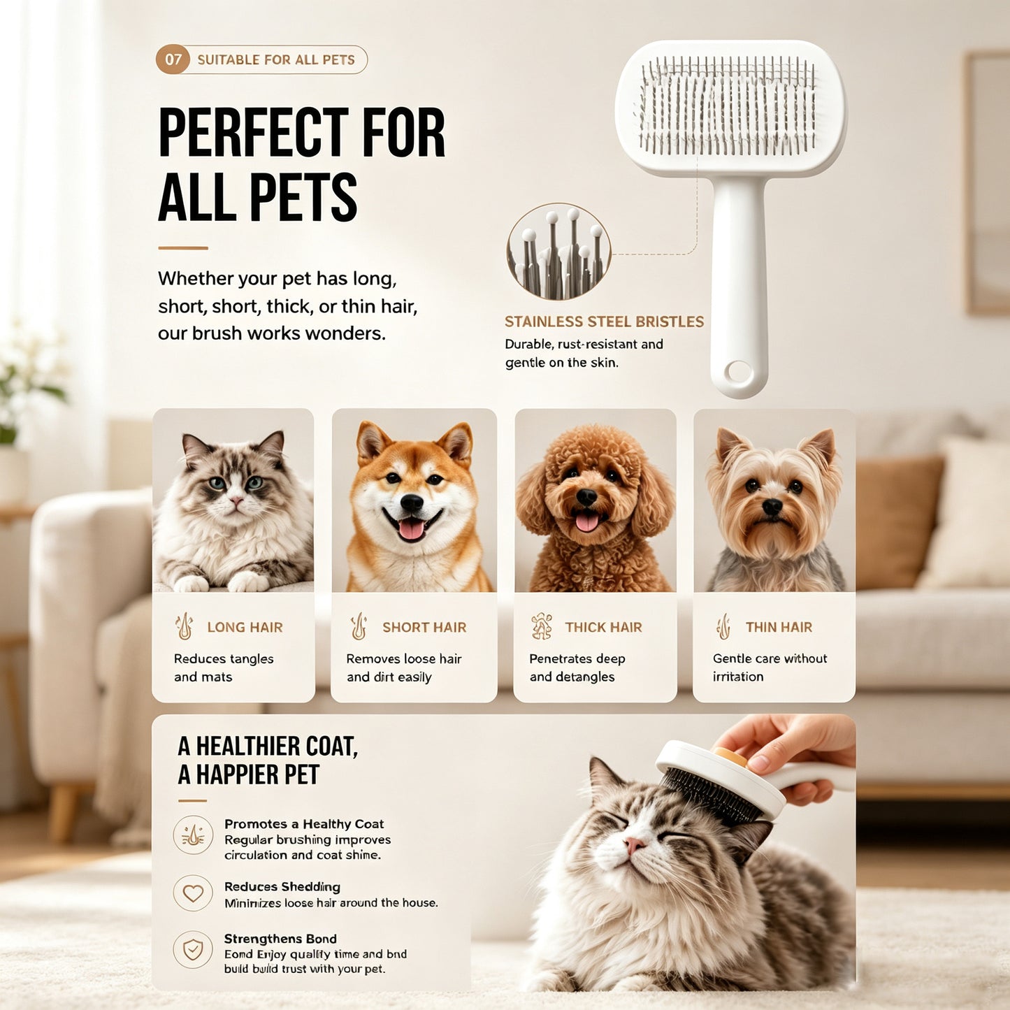 Pet Self-Cleaning Slicker Brush for Cats & Dogs - Gentle Deshedding Tool White