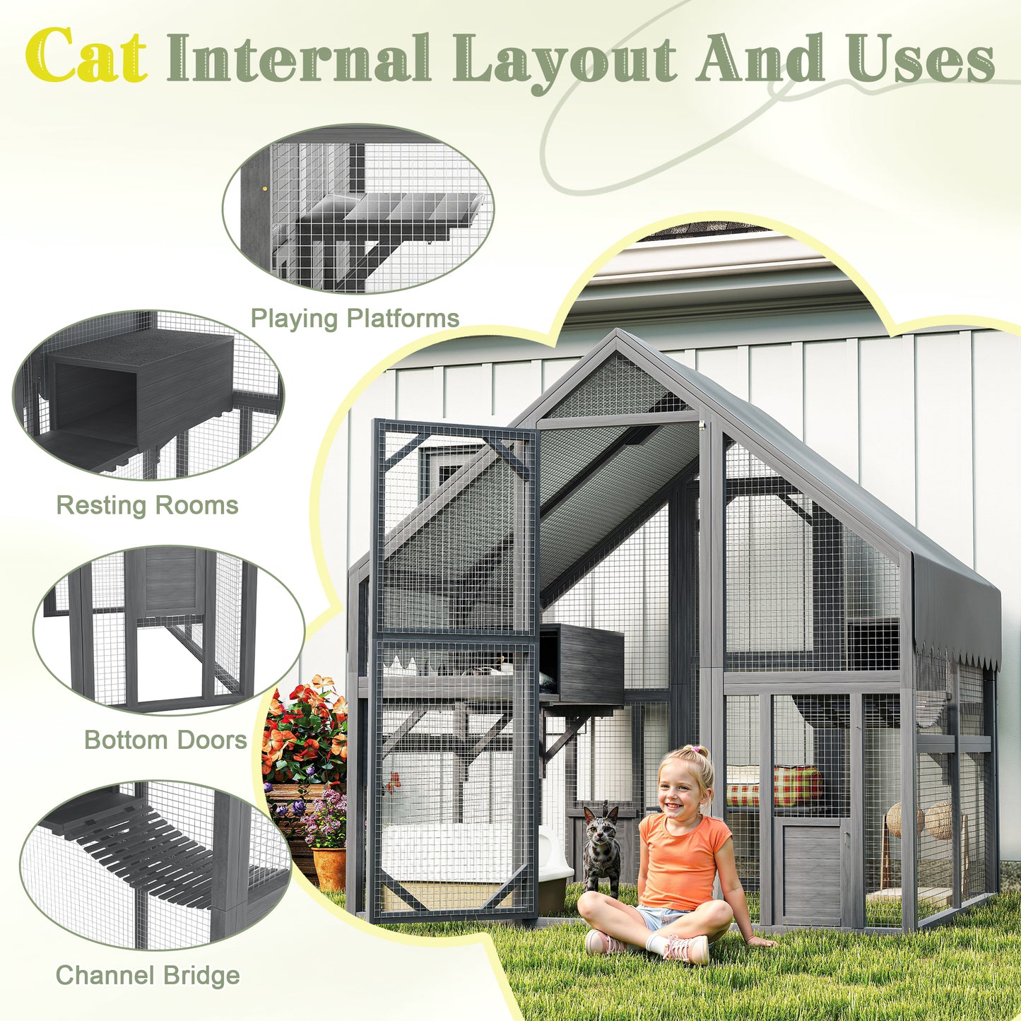 Large Outdoor Cat Enclosure with Platforms & Resting Boxes - Gray