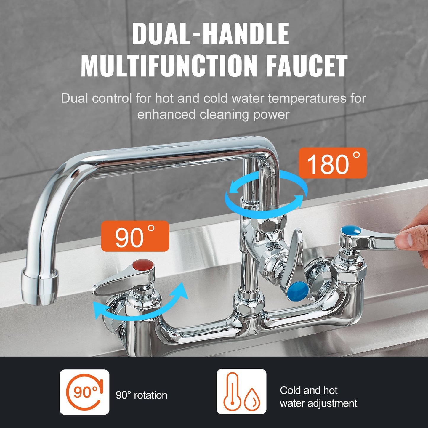 Wall-Mounted Commercial Faucet with Pre-Rinse Sprayer - Silver