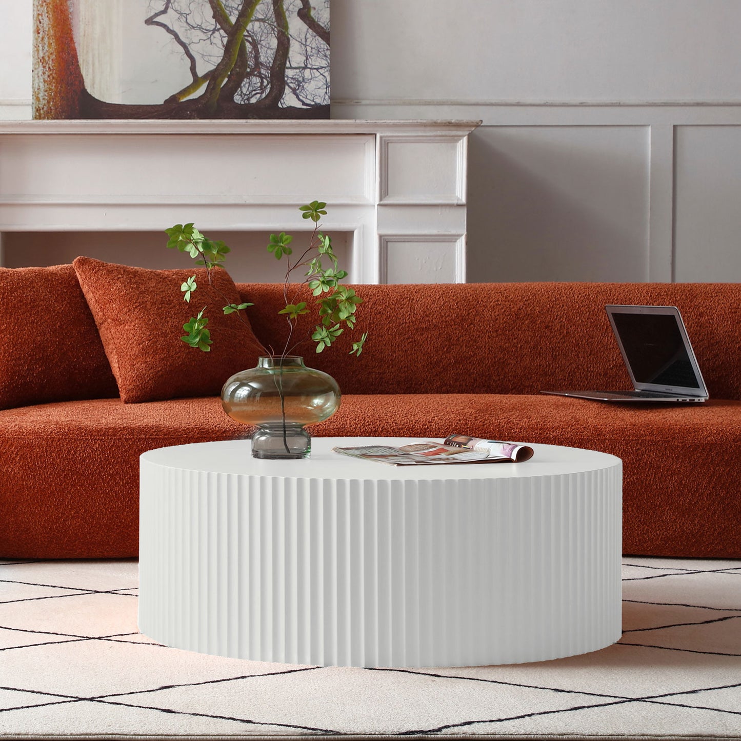 Contemporary Round Coffee Table with Handcrafted Relief - White