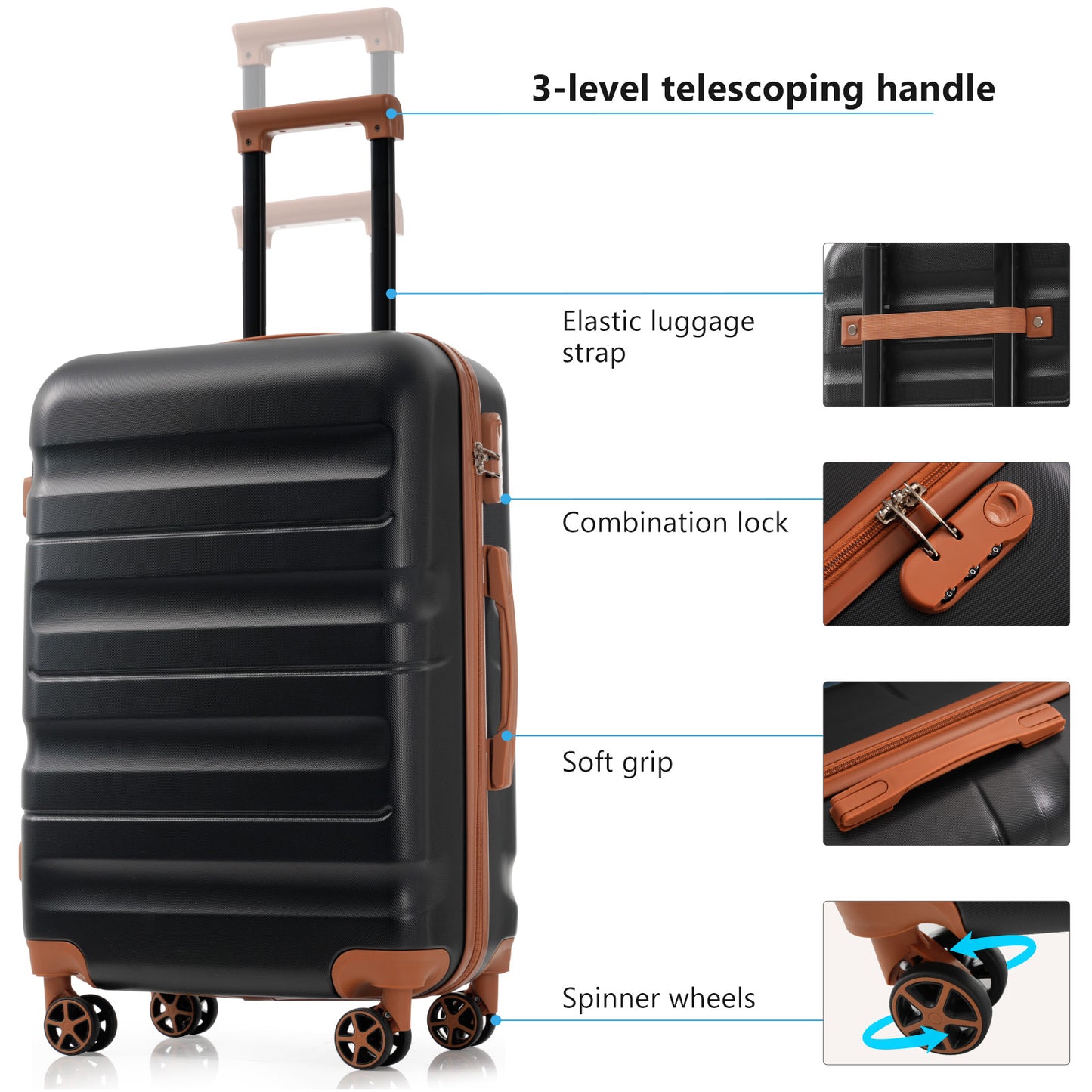 Durable Hardshell ABS Luggage Set - Lightweight Suitcases with Spinner Wheels - Black