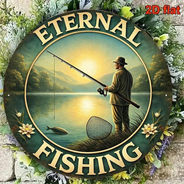 Retro Fishing 2D Flat Round Metal Sign - 8x8in Plaque