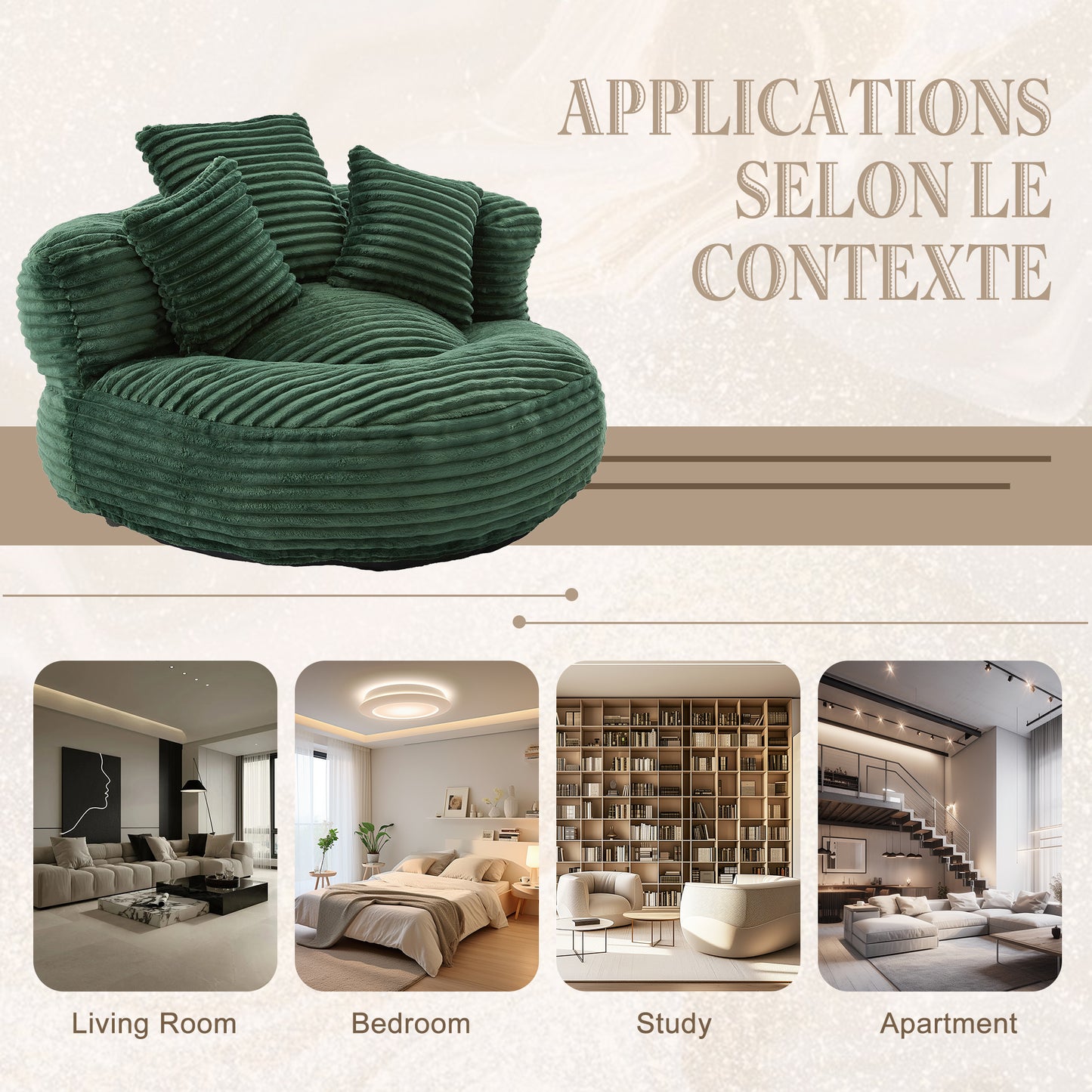 Oversized Corduroy Bean Bag Chair with 3 Pillows - Emerald