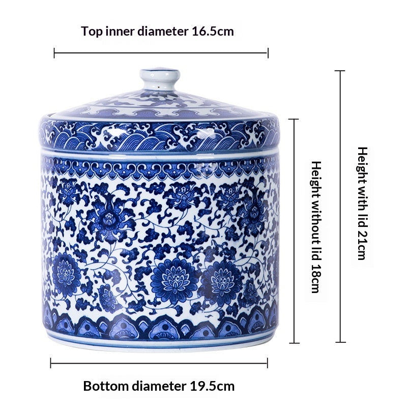 Blue and White Ceramic Tea Jar with Lid - Chinese Style Home Storage