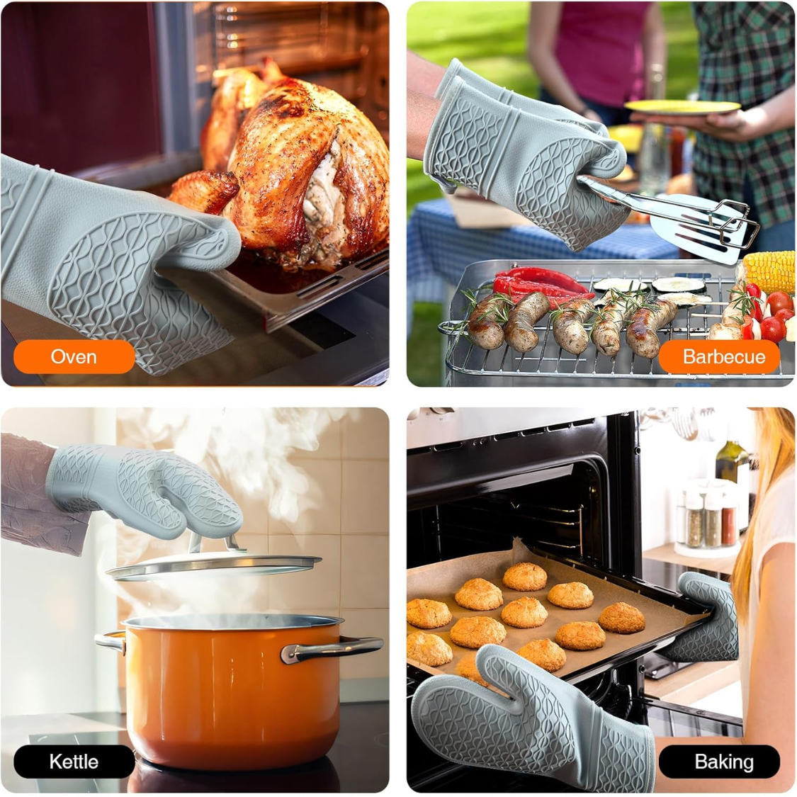Heat Resistant Silicone Oven Mitts - 2-Pack with Cotton Lining, Non-Slip Grip, 12.5 Inch - Grey