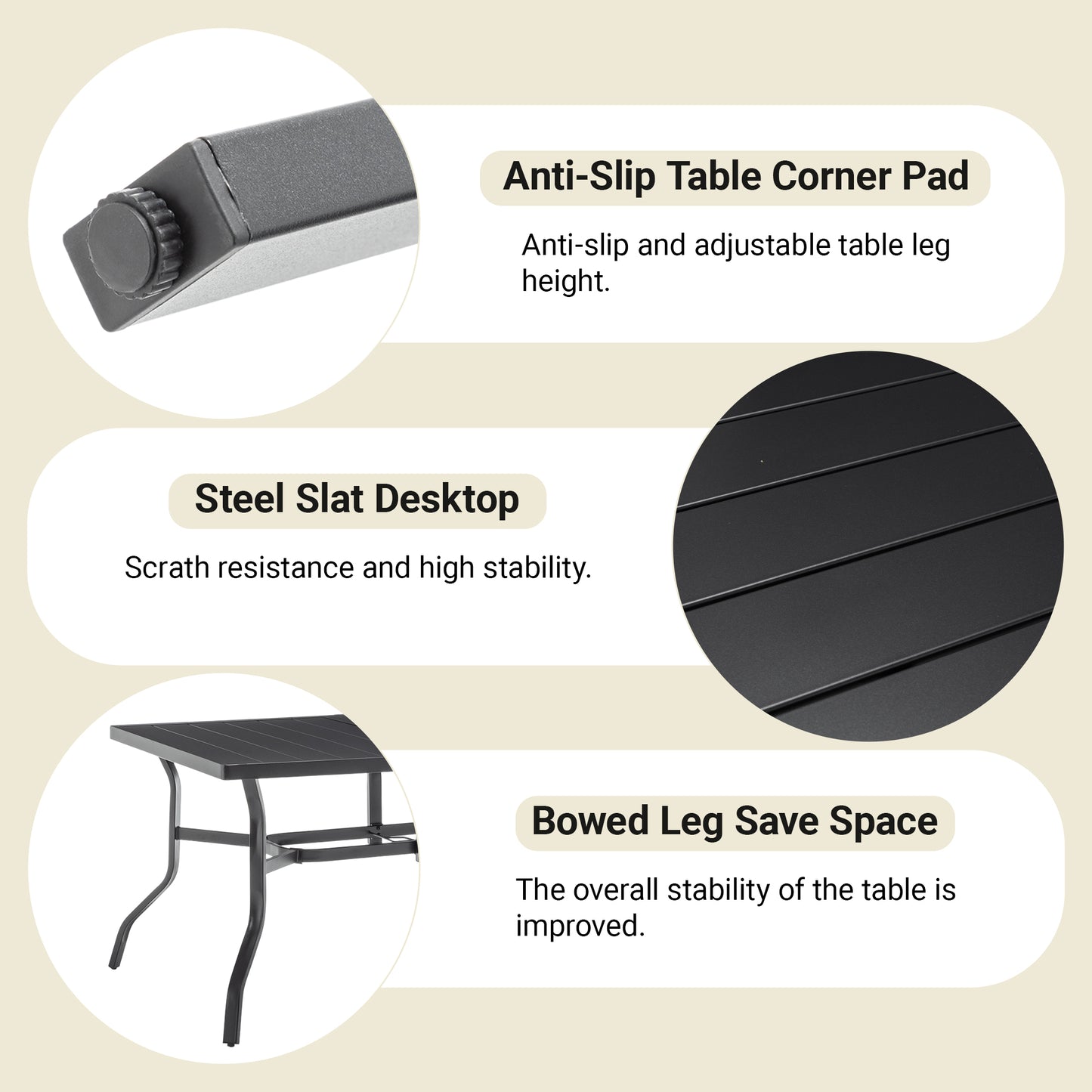 Outdoor Dining Table For 6, Powder-Coated Steel Slat Top With 2.16