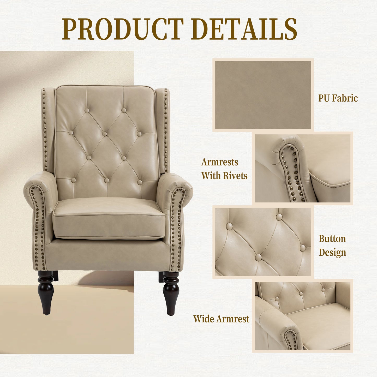 Modern Wood Frame Armchair - Camel PU Accent Chair