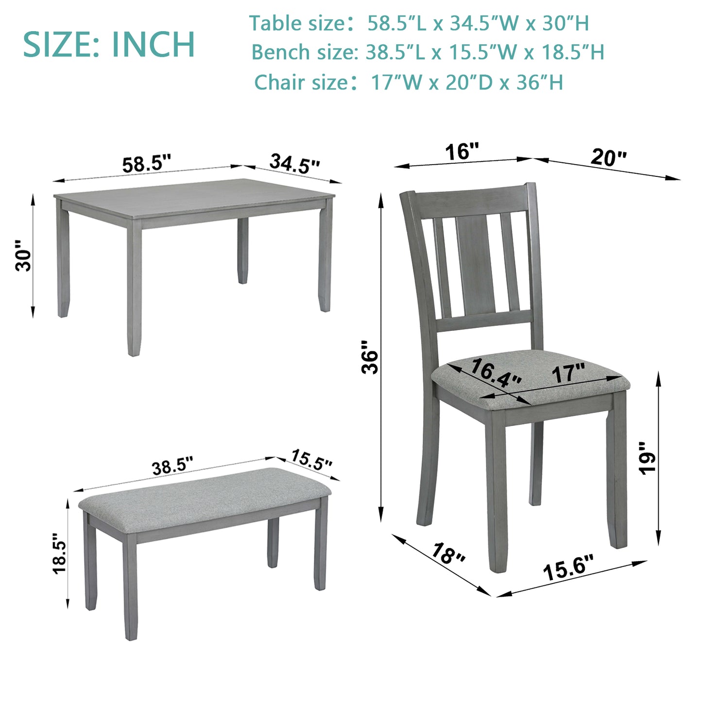 6-Piece Rectangular Wooden Dining Set with Upholstered Chairs & Bench - Gray