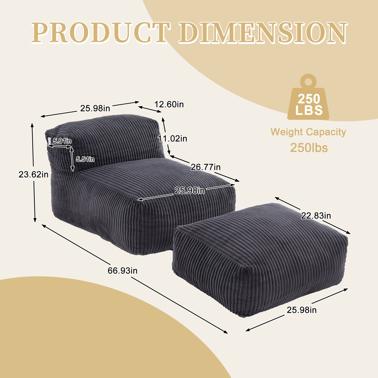 Large Memory Foam Bean Bag Chair for Adults - Dark Gray