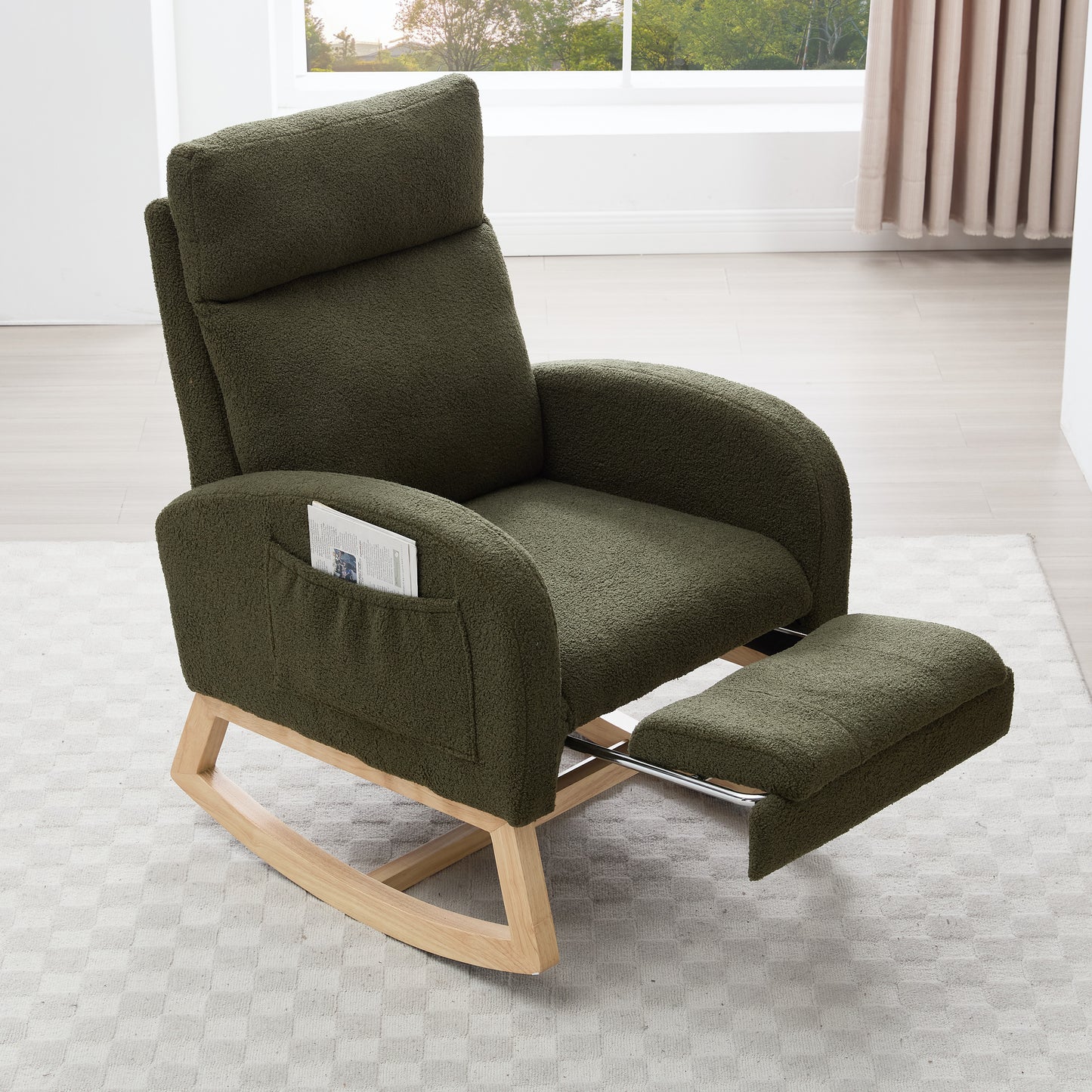Teddy Fabric Rocking Chair with Adjustable Footstool - Green