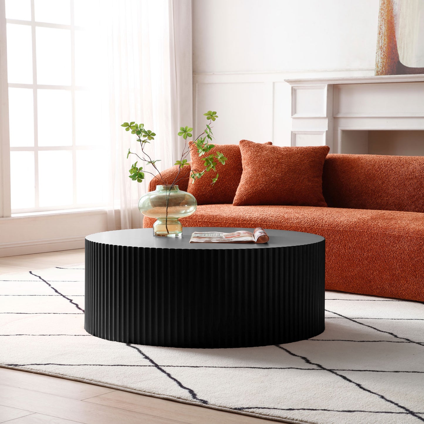 Modern Round Coffee Table with Eye-Catching Relief Design - Matt Black