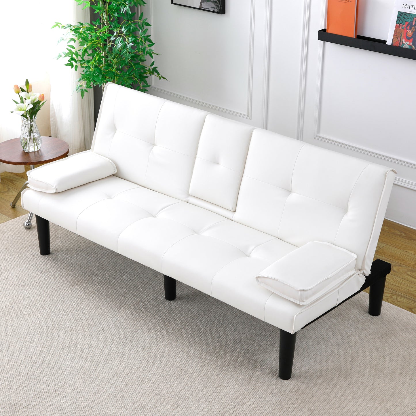 67-Inch White PVC Sofa Bed with Foldable Design & Cup Holder