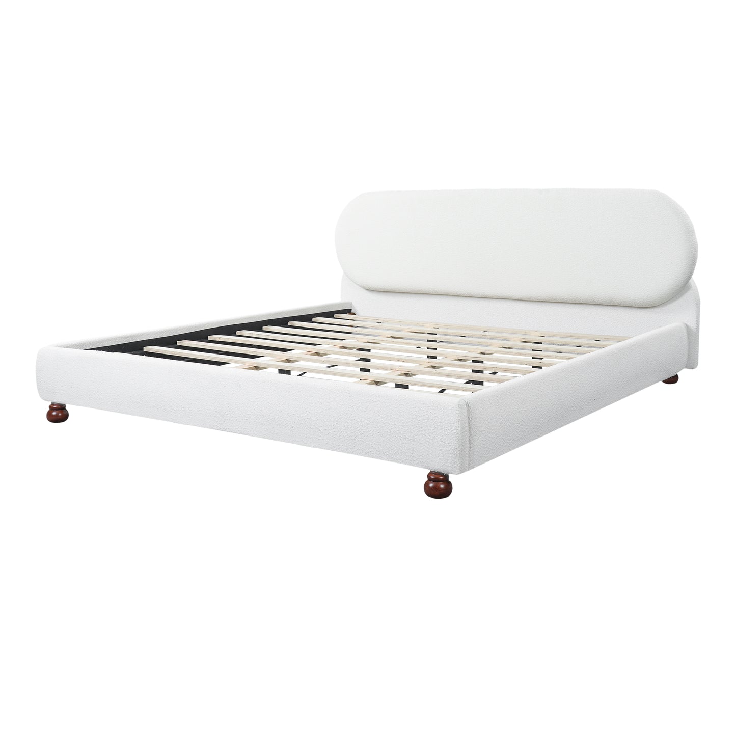 Cream Boucle Upholstered King Bed with Rubber Wood Feet