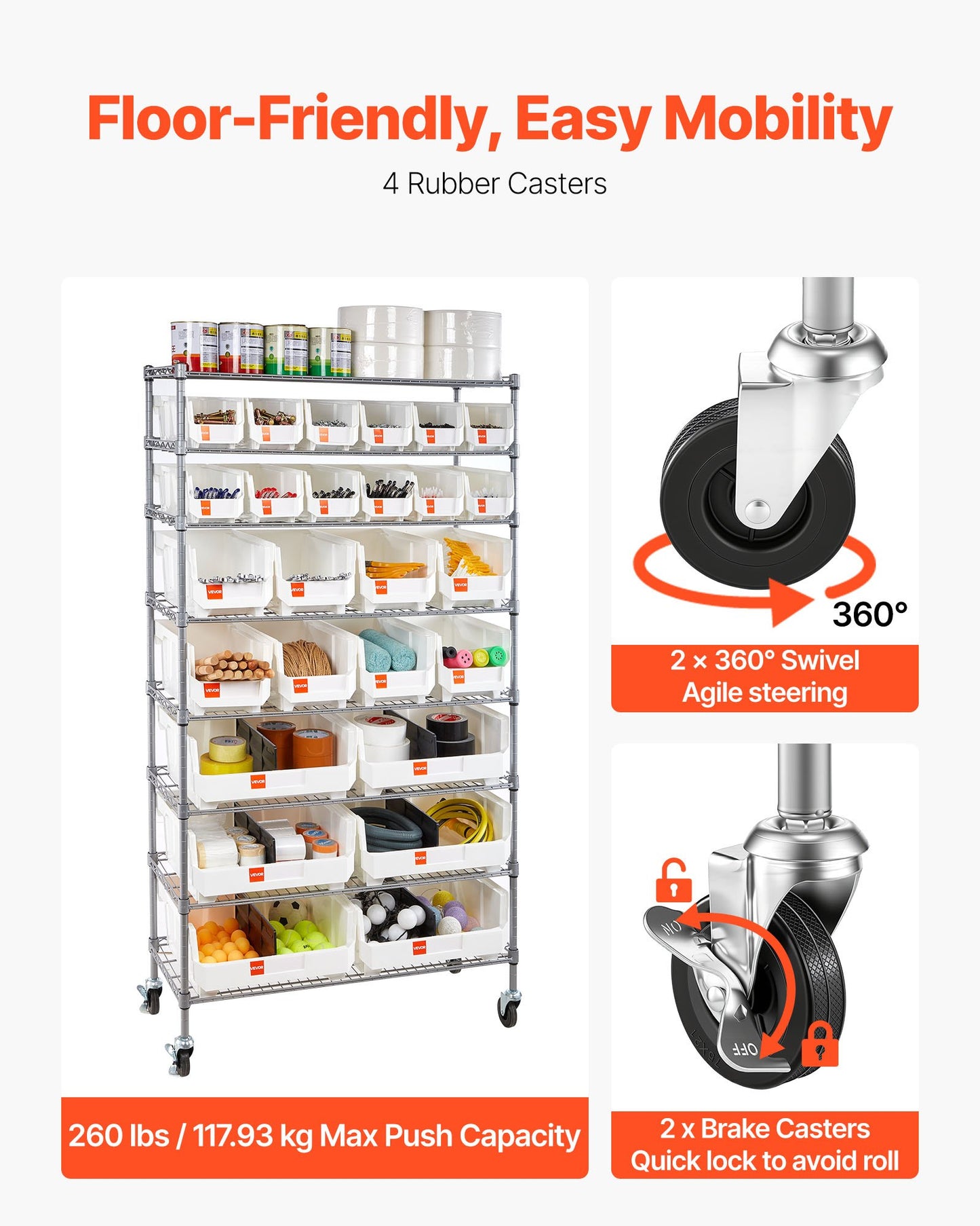 8-Tier Rolling Storage Bin Rack with 26 Organizer Bins - Mobile Steel Wire Shelving for Garage, Warehouse, Office