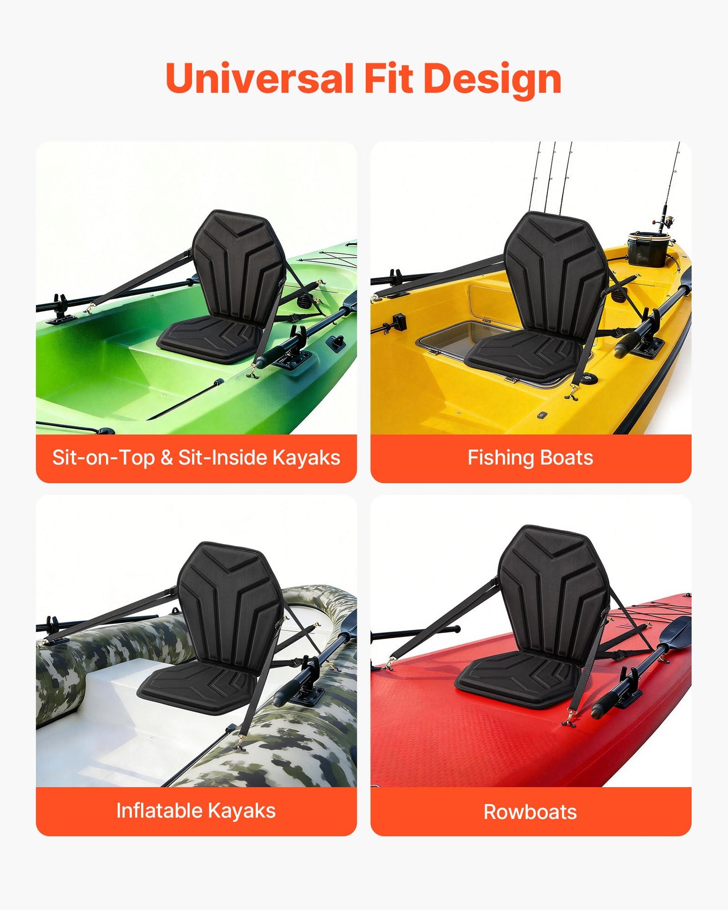 Universal Kayak Seat with Back Support, Padded Cushion, Straps & Storage Bag