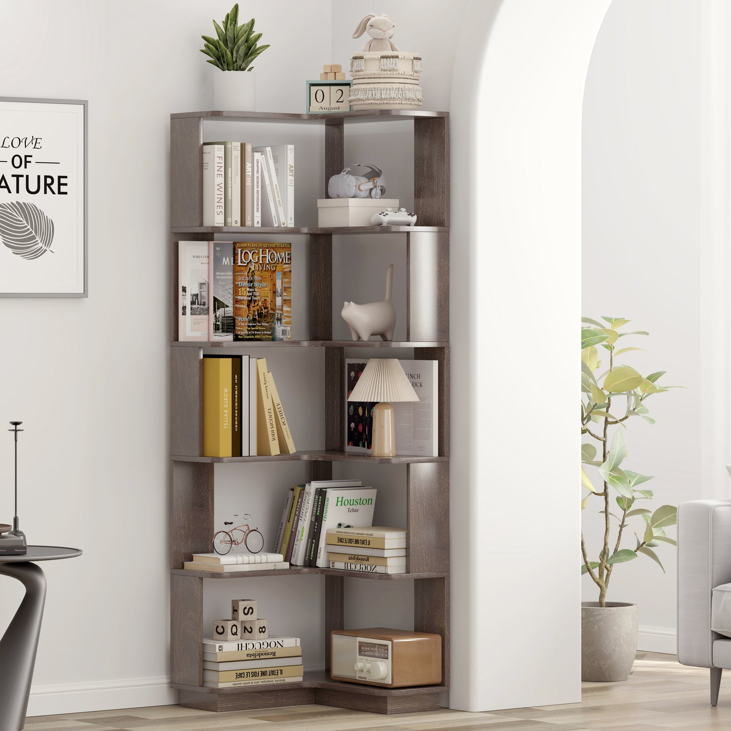 6 Tier Freestanding L-Shaped Corner Bookshelf For Living Room,