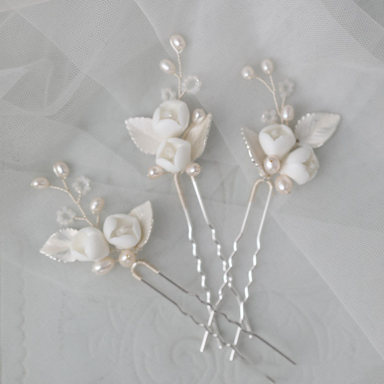 Bridal Ceramic Flower Hair Fork with Pearl