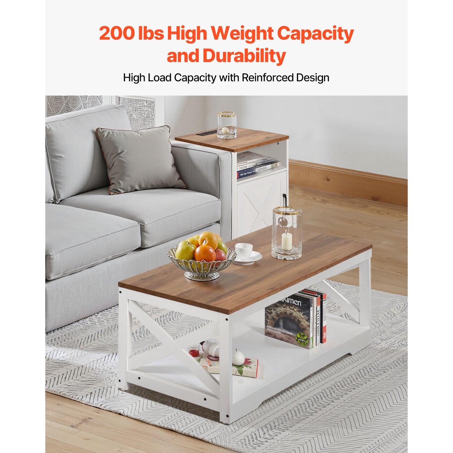 Farmhouse Coffee Table Set with 2 End Tables and Charging Station - 40 Inch Industrial Style, Easy Assembly for Living Room & Office