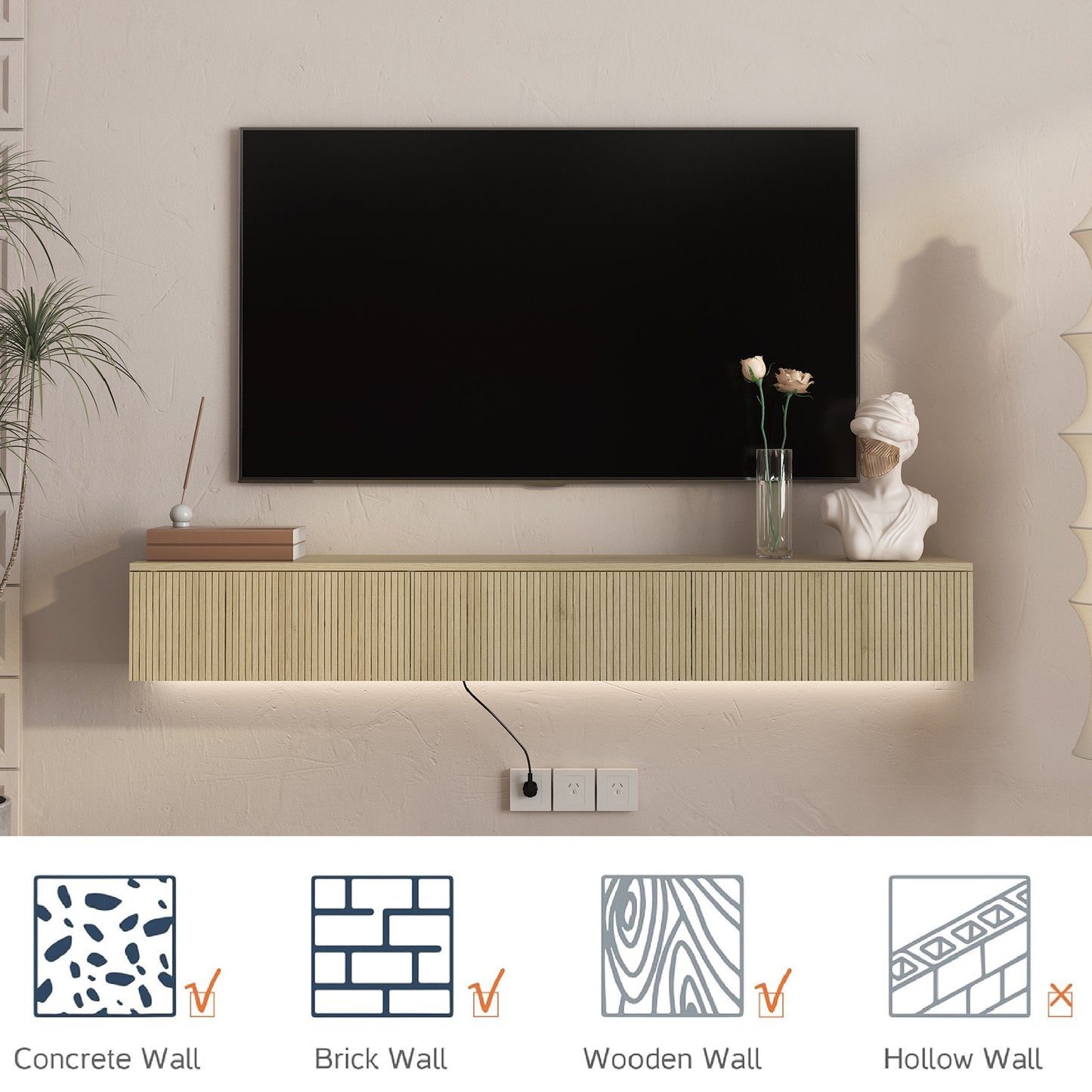 Wall-Mounted Floating TV Stand with 16 Color LEDs - 65 Inch