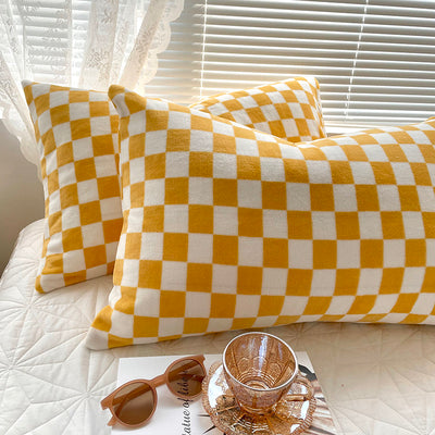 Plaid Flannel Pillowcase Pair - Milk Velvet, Double-Sided Checkered Bedding