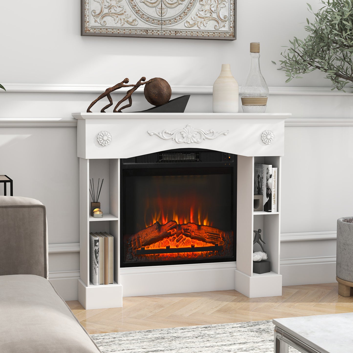 White Fireplace Mantel Surround with Storage for Electric Fireplaces - 45.3" Wide