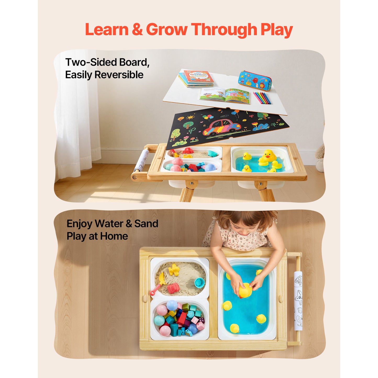 Wooden Sensory Table & Art Easel for Toddlers with Reversible Board & Storage Bins