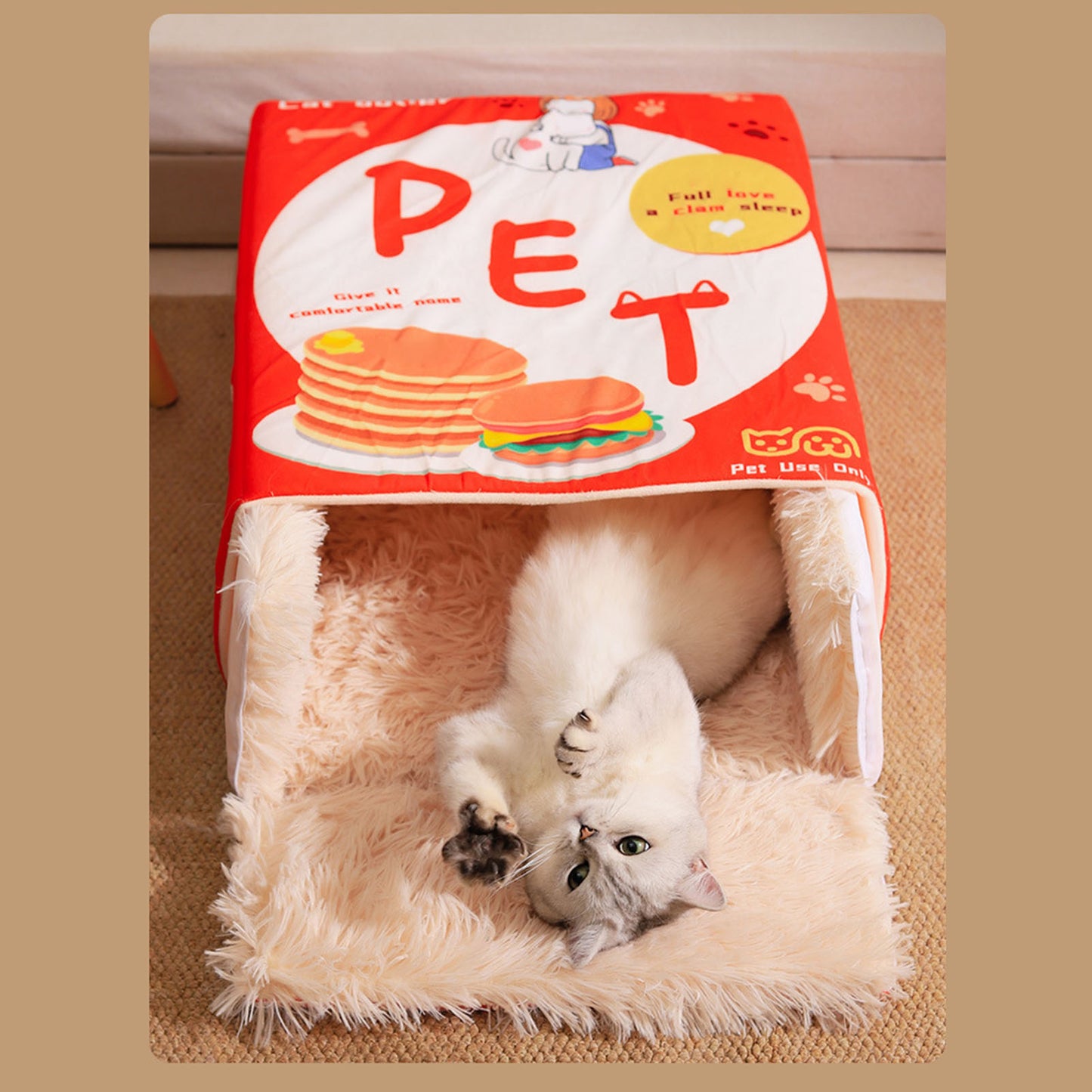 Enclosed Cat Bed Snack Box Style Soft Pet Bed for All Seasons - Red