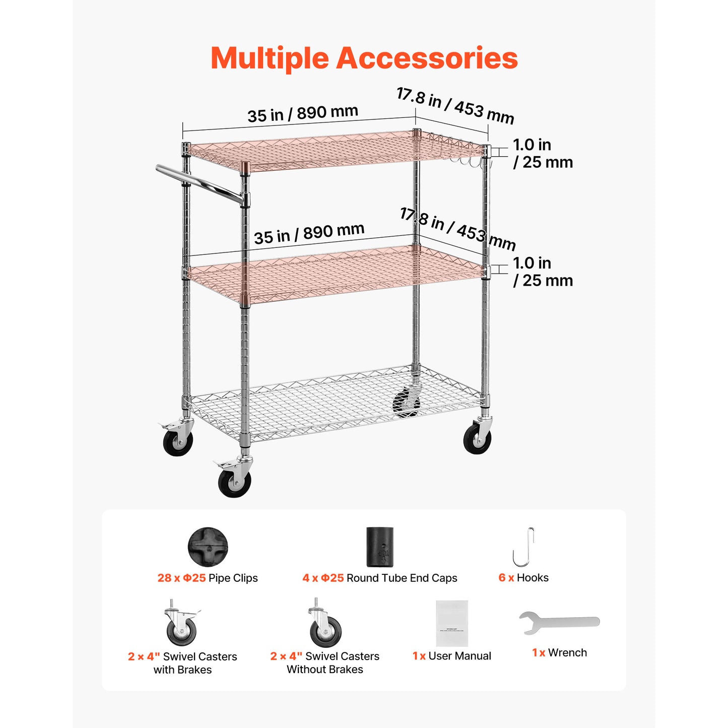 Heavy Duty 3-Tier Wire Utility Cart with Wheels for Garage & Laundry
